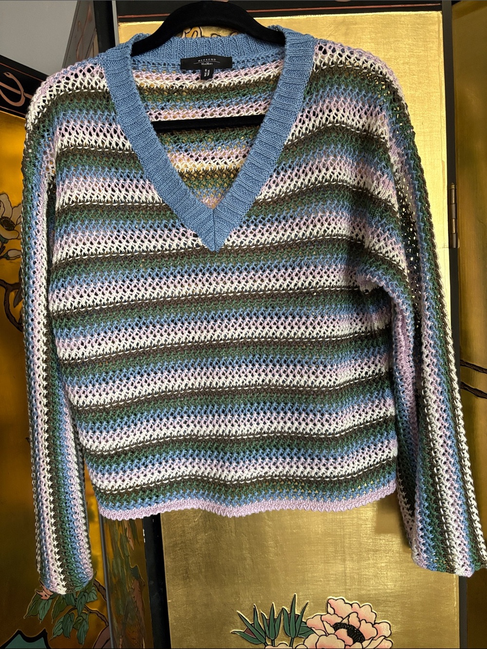 MaxMara Striped Open-Knit V-Neck Sweater - Blue, Green, Pink